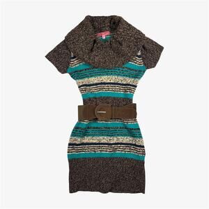 Off the shoulder fitted teal brown sweater mini dress striped with belt